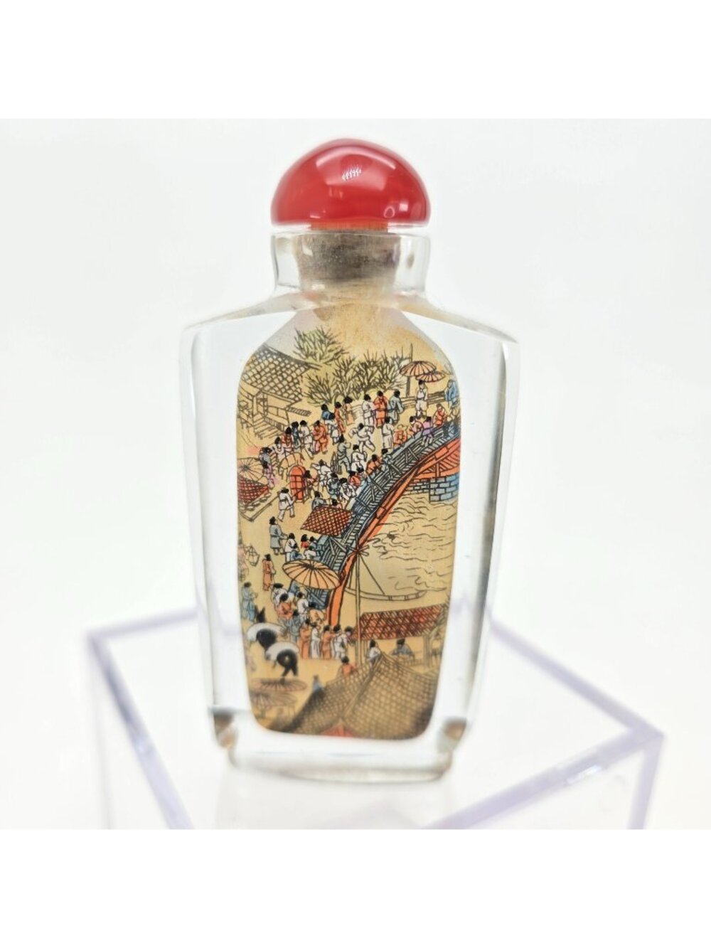 Hand-Painted Chinese Snuff Bottle With Glass Stopper & Scenic Village Art je142